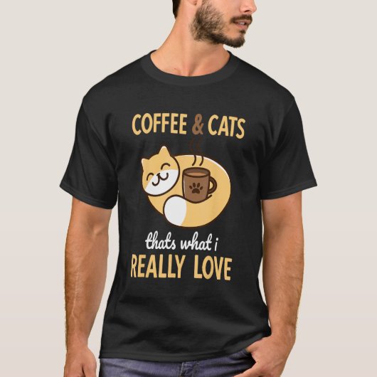 コーヒーと猫の面白い猫 Tシャツ (正面)