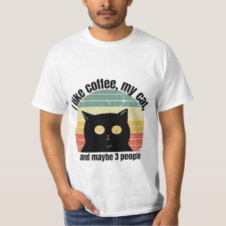 コーヒーと私の猫、あと多分3人くらいが好き ユーモアのあるレトロなデザイン Tシャツ