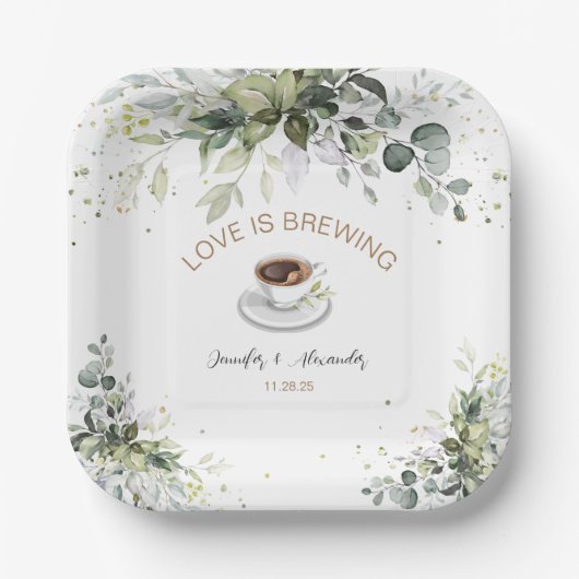 コーヒーと緑をテーマにしたウェディングシャワー ペーパープレート (正面)