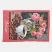 コーヒーと花 水彩画 - おしゃれなインテリア キッチンタオル (横)