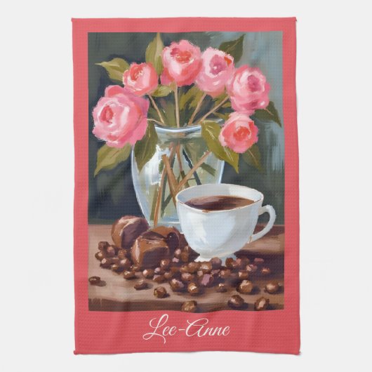 コーヒーと花 水彩画 - おしゃれなインテリア キッチンタオル (縦)