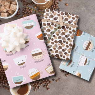 コーヒーと豆のパステルカラーのかわいいカップ ラッピングペーパーシート