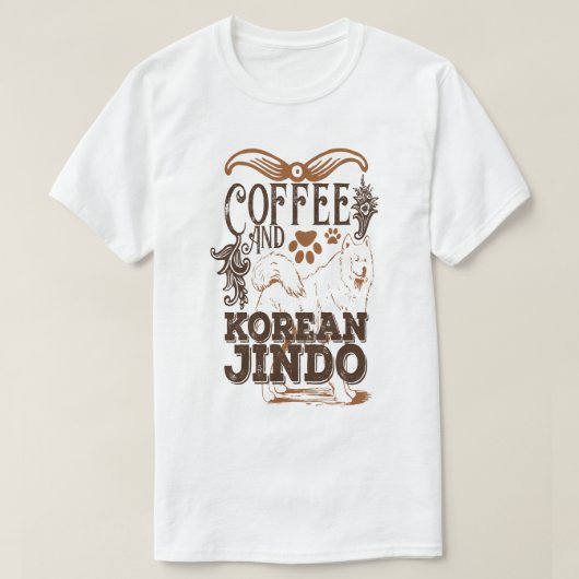 コーヒーと韓国の珍島犬の面白い犬好き Tシャツ (デザイン正面)