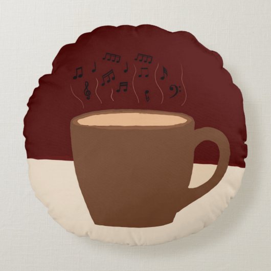 コーヒーと音楽 – コーヒーカップとミュージカル蒸気 ラウンドクッション (正面)