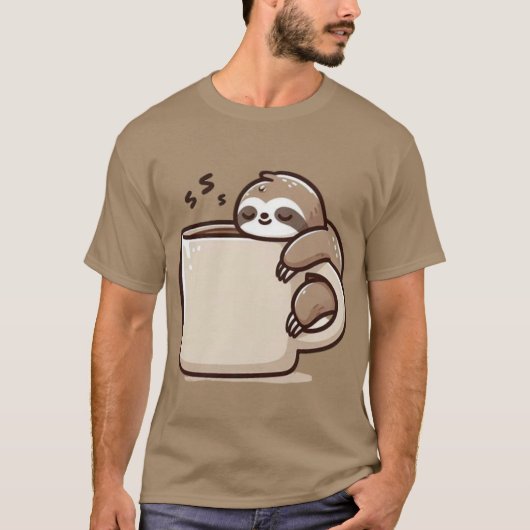 コーヒーにしがみつく朝のナマケモノ Tシャツ (正面)