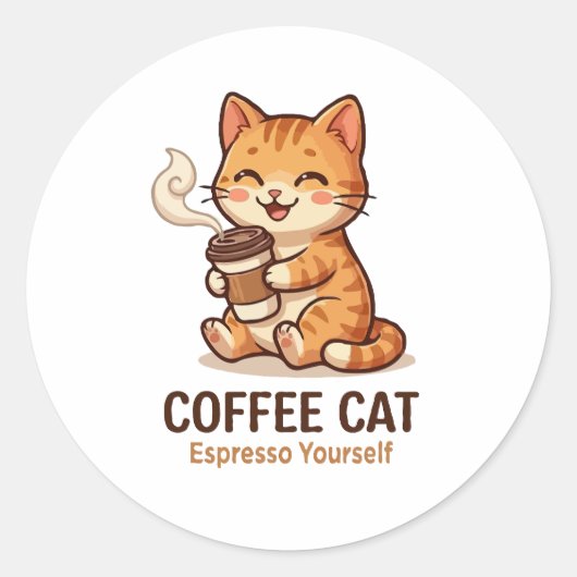 コーヒーに夢中の愛らしい猫ちゃん ラウンドシール (正面)
