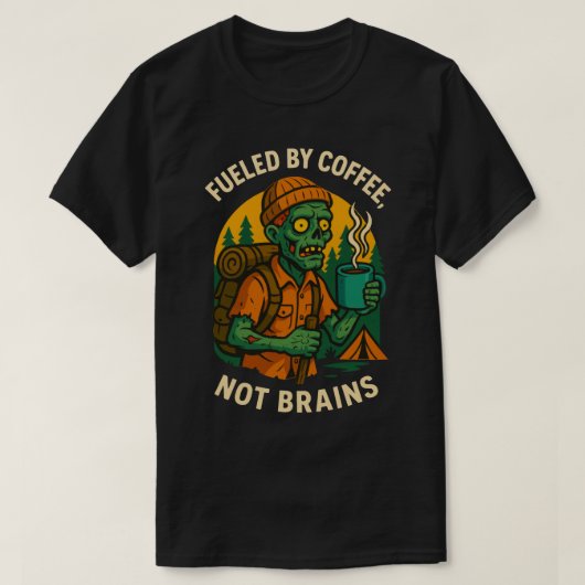 コーヒーに目覚めたゾンビキャンパーの面白デザイン Tシャツ (デザイン正面)