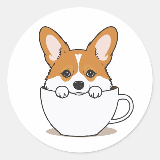 コーヒーのカップに座ってかわいいコーギ ラウンドシール (正面)
