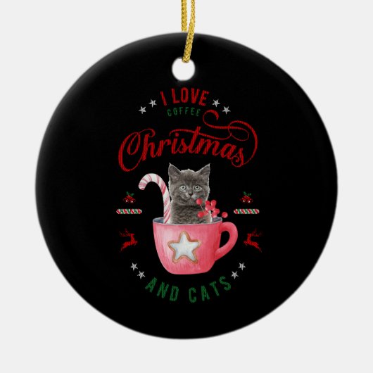 コーヒーのクリスマスと、猫のよろこびが大好き セラミックオーナメント (正面)