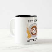 コーヒーのマグカップにコーヒーのロゴが付いた後に生きる ツートーンマグカップ (正面左)