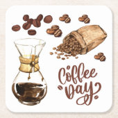 コーヒーの日クール素朴な茶色のエスプレッソホワイト スクエアペーパーコースター (正面)