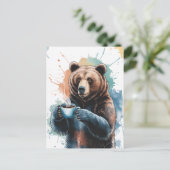 コーヒーの水彩色の可愛い茶色のクマ ポストカード (スタンド正面)