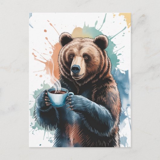 コーヒーの水彩色の可愛い茶色のクマ ポストカード (正面)