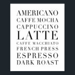 コーヒーの言葉 ポスター<br><div class="desc">アメリカーノ、カフェモカ、カプチーノ、ラテ、カフェマキアトフランスの、プレス、エスプレッソ、ダークロースト</div>
