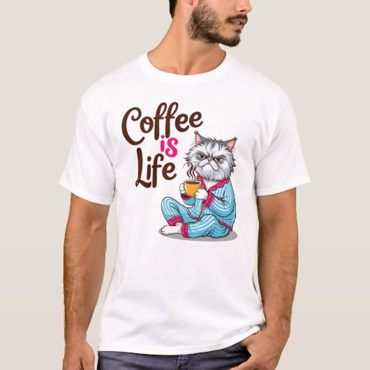コーヒーはグズグズしている猫シャツの人生 Tシャツ (正面)