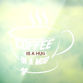 コーヒーはマグカップのコーヒーショップのビジネスで抱きしめている ウィンドウサイン (シート3)