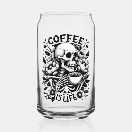「コーヒーは命だ」白黒スケルトン ガラス缶 (正面)