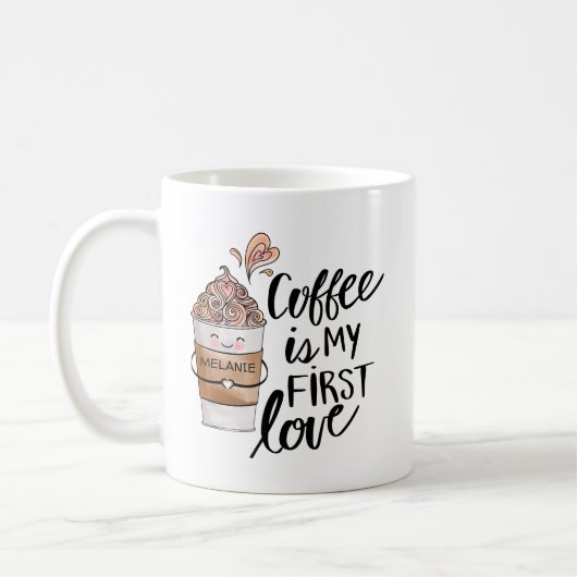 コーヒーは私の最初の愛かわいいコーおもしろいヒーラテ コーヒーマグカップ (左)