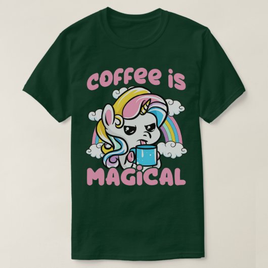 コーヒーは魔法のカフェイン・ユニコーン Tシャツ (デザイン正面)