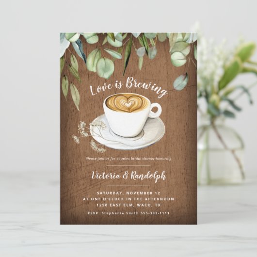 コーヒーをテーマにしたカップルのブライダルシャワーへの招待 招待状 (スタンド正面)