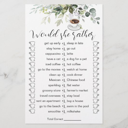 コーヒーをテーマにしたシャワーブライダルシャワーゲームカードフライヤー チラシ (正面)