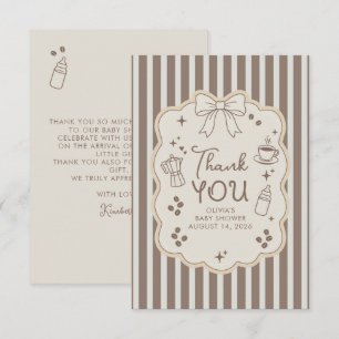 コーヒーをテーマにした遊び心のあるベビーシャワー サンキューカード