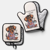 コーヒーをパーソナライズする前に不機嫌な子犬の名前文字 鍋つかみ&鍋敷きセット (正面/裏面)
