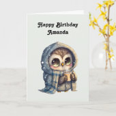 コーヒーを入れたかわいいフクロウ誕生日 カード (黄色い花)