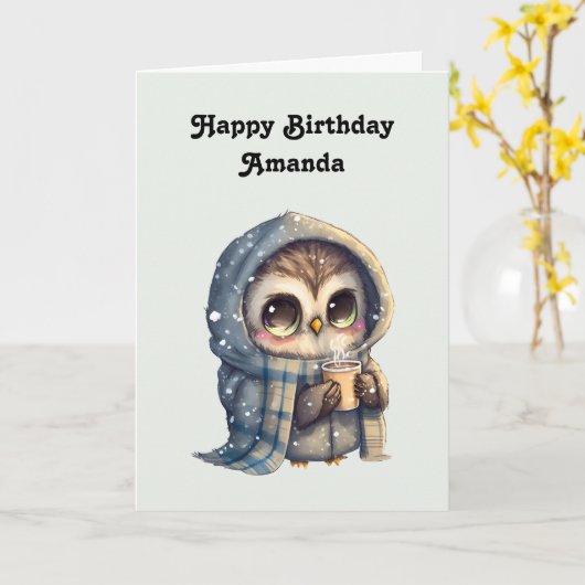 コーヒーを入れたかわいいフクロウ誕生日 カード (黄色い花)