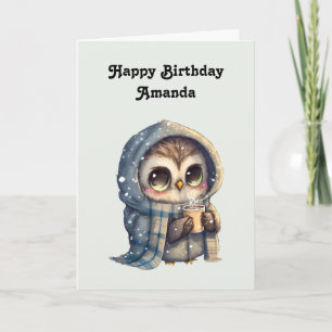 コーヒーを入れたかわいいフクロウ誕生日 カード