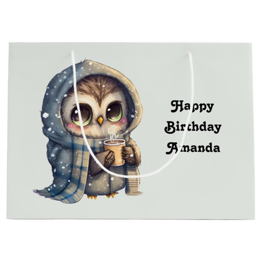 コーヒーを入れたかわいいフクロウ誕生日 ラージペーパーバッグ (正面)