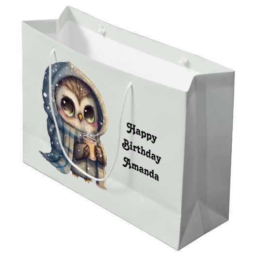 コーヒーを入れたかわいいフクロウ誕生日 ラージペーパーバッグ (正面アングル)
