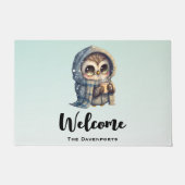 コーヒーを入れたかわいいフクロウ ドアマット (正面)