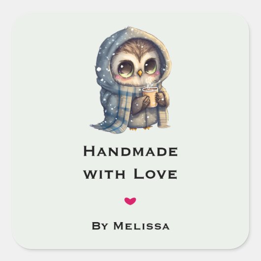 コーヒーを入れたかわいいフクロウ|過去記事 スクエアシール (正面)