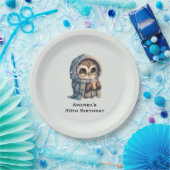 コーヒーを入れたかわいい大きな目のフクロウ誕生日 ペーパープレート (パーティー)