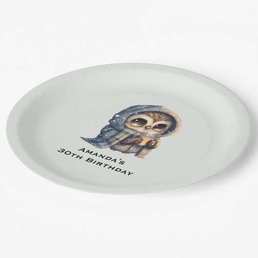 コーヒーを入れたかわいい大きな目のフクロウ誕生日 ペーパープレート (アングル)