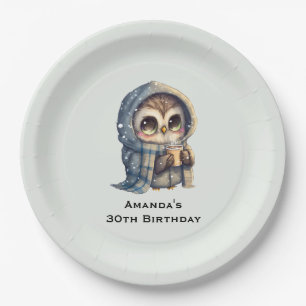 コーヒーを入れたかわいい大きな目のフクロウ誕生日 ペーパープレート