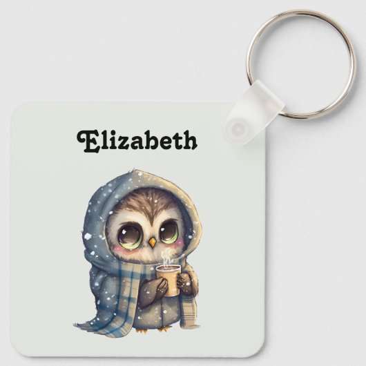 コーヒーを入れたかわいい大きな目のフクロウ キーホルダー (裏面)