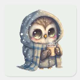 コーヒーを入れたかわいい大きな目のフクロウ スクエアシール