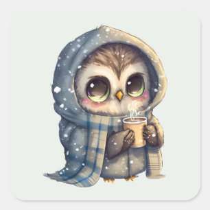 コーヒーを入れたかわいい大きな目のフクロウ スクエアシール