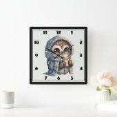コーヒーを入れたかわいい大きな目のフクロウ スクエア壁時計 (ホーム)