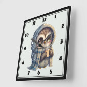 コーヒーを入れたかわいい大きな目のフクロウ スクエア壁時計 (傾斜)