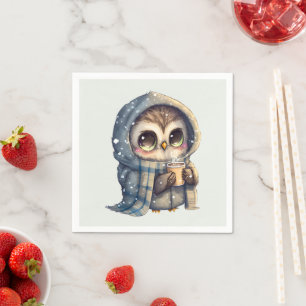 コーヒーを入れたかわいい大きな目のフクロウ スタンダードカクテルナプキン