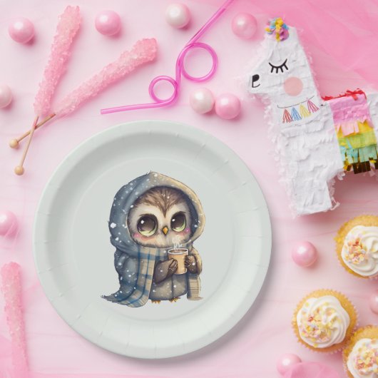 コーヒーを入れたかわいい大きな目のフクロウ ペーパープレート (パーティー)