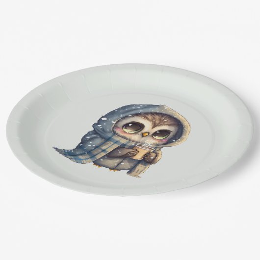 コーヒーを入れたかわいい大きな目のフクロウ ペーパープレート (アングル)