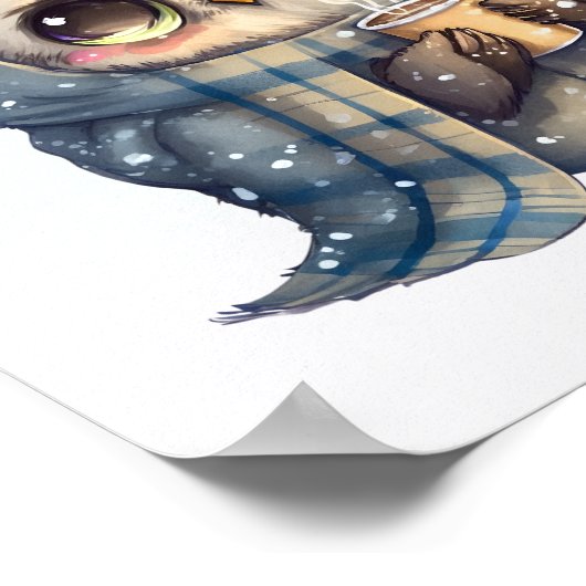 コーヒーを入れたかわいい大きな目のフクロウ ポスター (角)