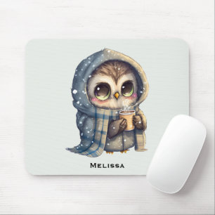 コーヒーを入れたかわいい大きな目のフクロウ マウスパッド