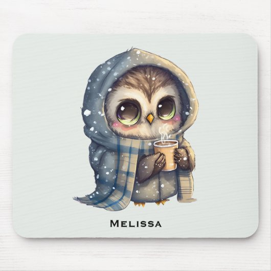 コーヒーを入れたかわいい大きな目のフクロウ マウスパッド (正面)