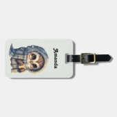 コーヒーを入れたかわいい大きな目のフクロウ ラゲッジタグ (正面横)