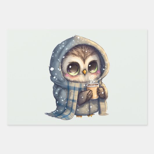 コーヒーを入れたかわいい大きな目のフクロウ ラッピングペーパーシート (正面3)